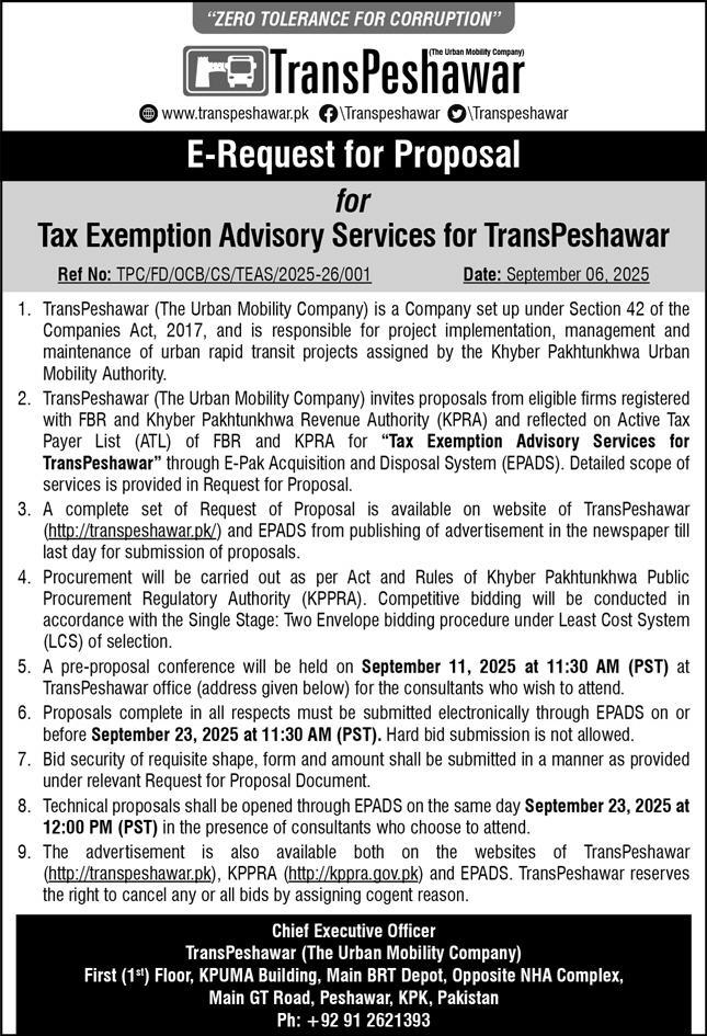 TransPeshawar Tender Notice